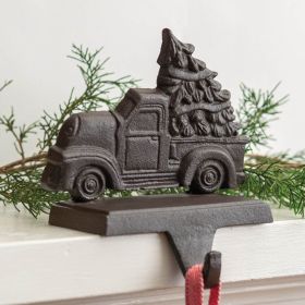 Rustic Cast Iron Truck Stocking Holder with Tree Design