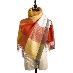 Checked scarf women's autumn and winter 2021 new style cashmere tassel shawl thickened cold proof and warm scarf wholesale (colour: Checker Orange)