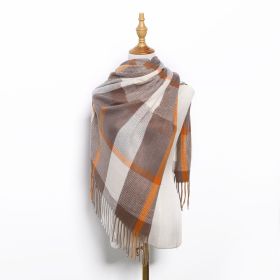 Autumn and winter spot medium length plaid scarves Japan and South Korea sweet warp knitting warm jacquard square scarves plaid scarves wholesale (colour: Orange coffee, Length (CM): 70*180cm)